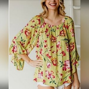 FIRST LOVE BOHO BLOUSE SZ L GREEN PINK